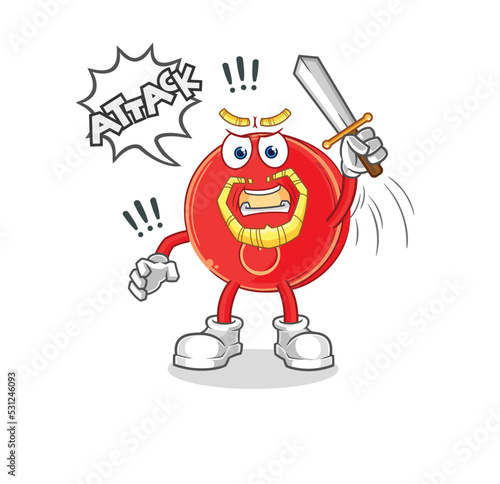 power button knights attack with sword. cartoon mascot vector