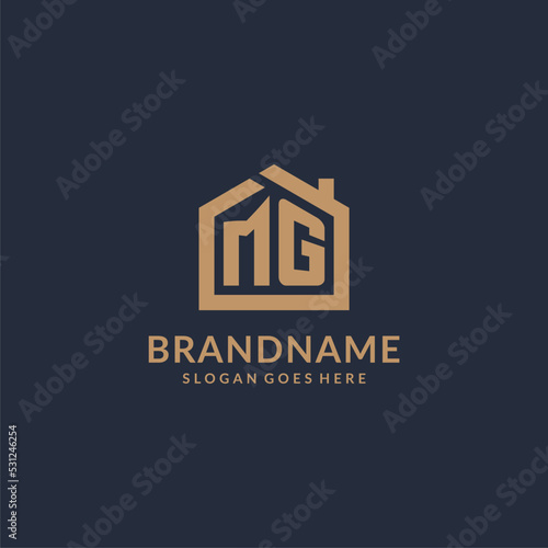 Initial letter MG logo with simple minimalist home shape icon design