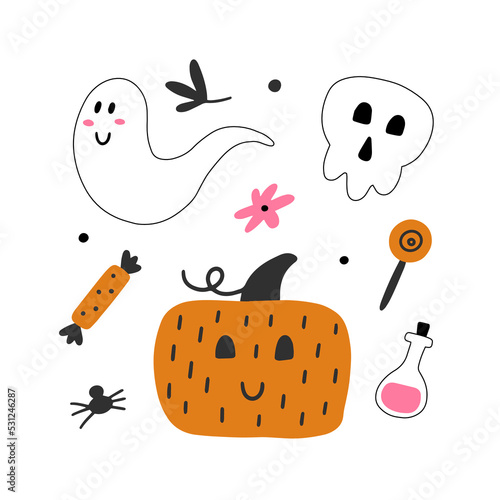 Halloween set with cute ghost, pumpkin and skull. Children collection for girl. Ideal for card, print, invitation, party decoration. Vector graphic icons on a white background. Hand drawn illustration