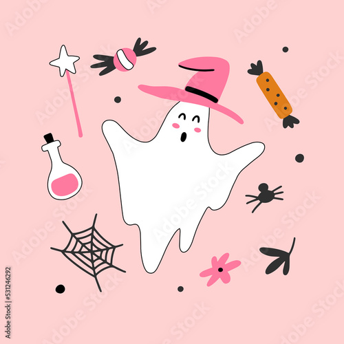 Halloween set with cute design elements. Children collection for girl - ghost, pink hat, flowers. Ideal for cards, print, invitation, party decoration. Vector icons on a pink background