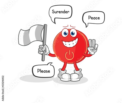 power button hold surrender flag mascot. cartoon vector