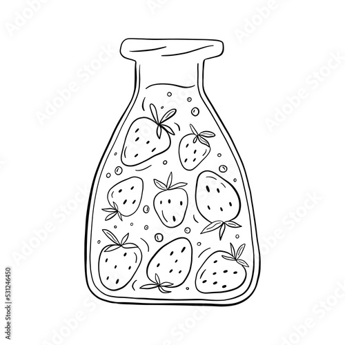 The glass jar of strawberry cocktail. Summer tropical drink with fresh fruits. Hand drawn black outline illustration in vector doodle style. Ideal for print, coloring book, t shirt design, sticker.