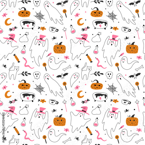 Children seamless pattern with cute ghost, pumpkins and skull on a white background. Vector illustration for Halloween. Ideal for fabric, textile, prints, scrapbooking, wrapping paper