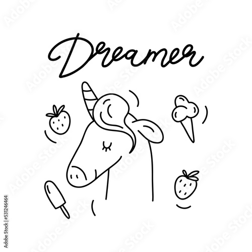 Printable coloring page for children with outline unicorn, ice cream and lettering. Line art design for antistress colouring book. Hand drawn black and white illustration in vector doodle style