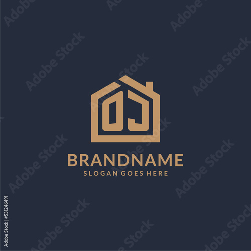 Initial letter OJ logo with simple minimalist home shape icon design