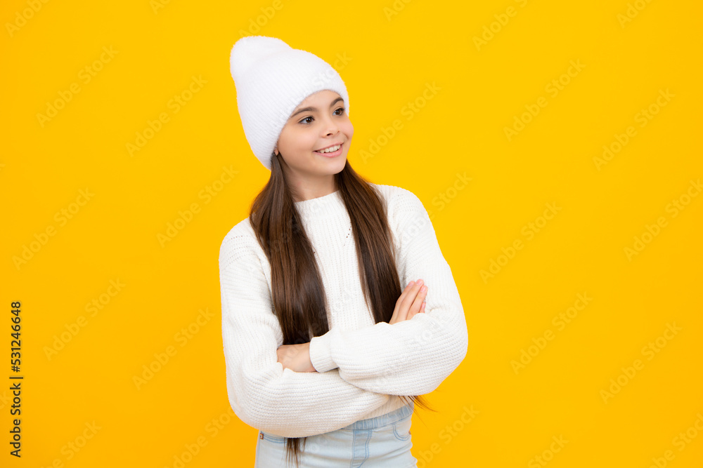 Teenager kid crossed arms with confidence isolated on yellow. Confident teen child girl crossed hands. Teenager kid crossed arms with confidence isolated on yellow. Confident teen child girl crossed hands.