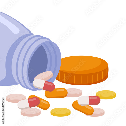 Open jar with pills in flat style. Different pills fall out of the jar isolated on white background