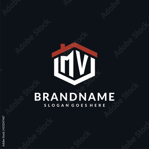 Initial letter MV logo with home roof hexagon shape design ideas