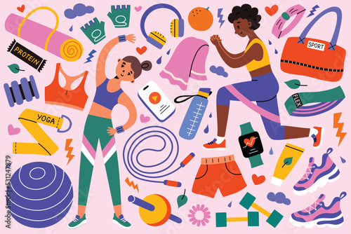 Fitness accessories for women, girls in sportwear training, doodle set of sport equipment, mat, dumbbells vector illustrations, icons for active lifestyle, isolated colored clipart on pink background