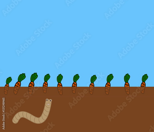 A smiling white worm stirring up the soil in a vegetable field - illustration