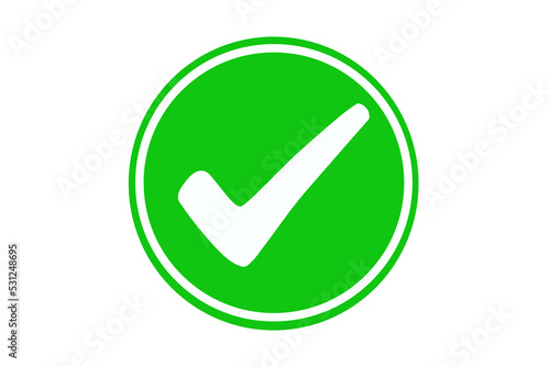 Checkmark right symbol tick sign. Check icon or correct choice sign. Green Ok button correct one circle white.