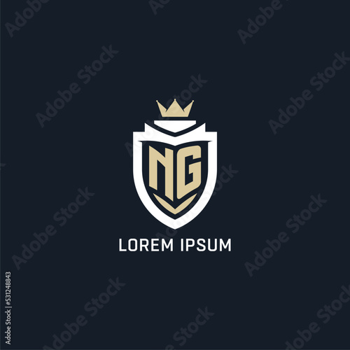 Initial letter NG shield and crown logo style, esport team logo design inspiration