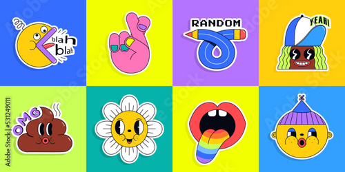 Hand drawn trendy cartoon stickers. Collection of funny vector emoticons.