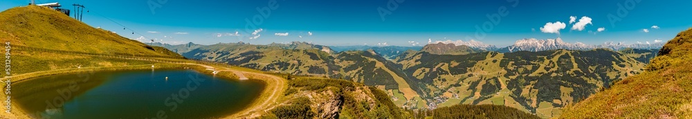 Naklejka premium High resolution stitched panorama at the famous Schattberg mountain, Saalbach-Hinterglemm, Salzburg, Austria