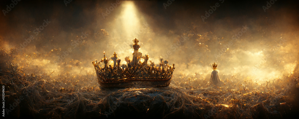 Golden royal crown on ground. Fallen queen and king. Epic and sad ...