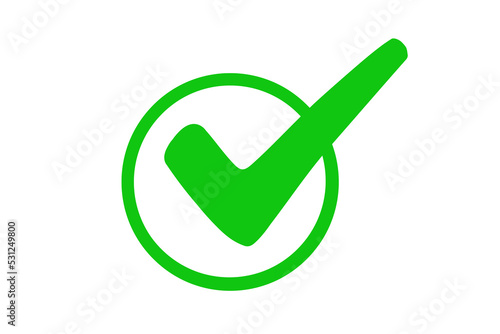 Checkmark right symbol tick sign. Check icon or correct choice sign. Green Ok button correct one circle white line green png. transparent background.