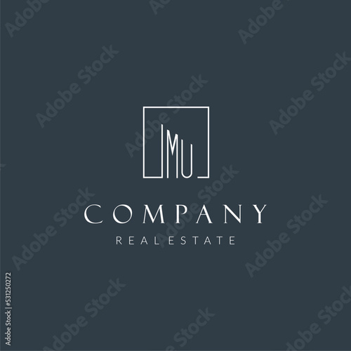 Initial letter MU logo for real estate company with square line style