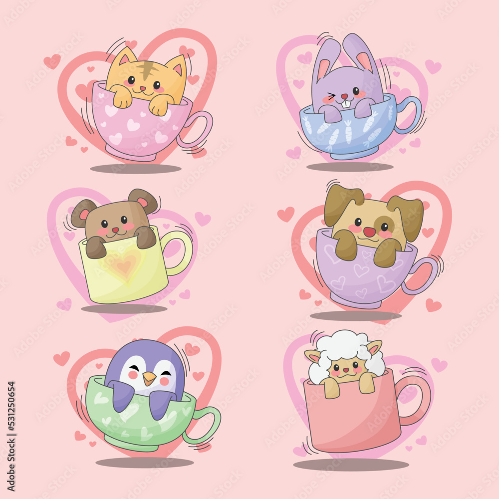 Cute valentines day animals in a cup hand drawn cartoon illustration