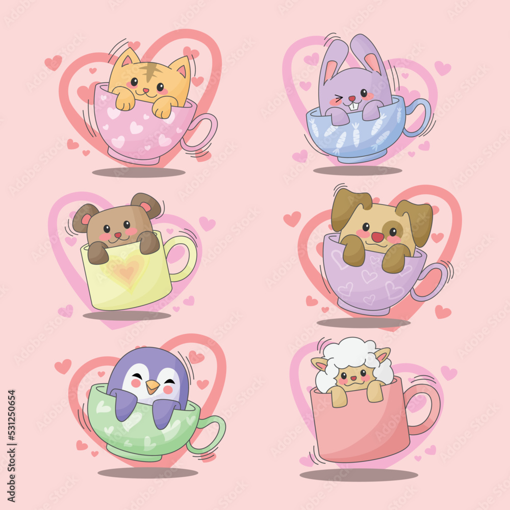 Cute valentines day animals in a cup hand drawn cartoon illustration Cute valentines day animals in a cup hand drawn cartoon illustration