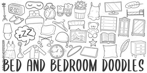 Bedroom Doodle Banner Icon. Sleeping Vector Illustration Hand Drawn Art. Line Symbols Sketch Background.