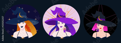 Collection of witches stickers. Magical girls in circles. Editable vector illustration