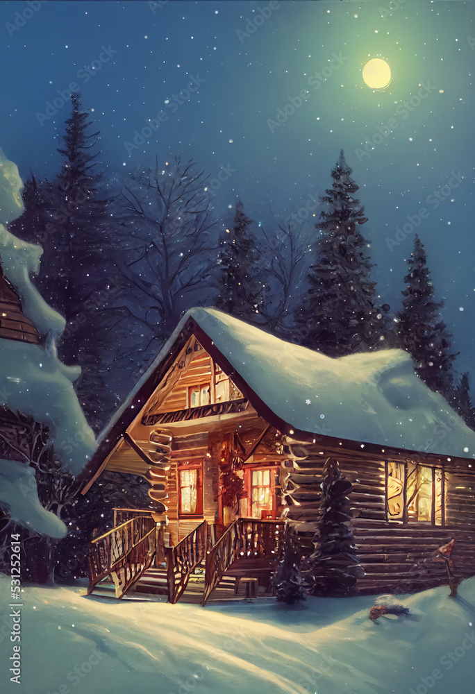 Naklejka premium Cabin in the snow. Christmas days 
