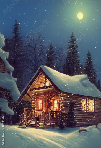 Cabin in the snow. Christmas days 