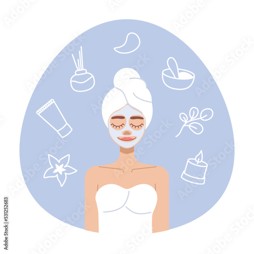 Girl with a facial mask and a towel on head. Flat illustration personal care and beauty