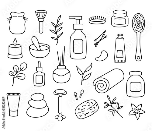 Set doodle spa relax and selfceare elemennts. Beauty salon icon.