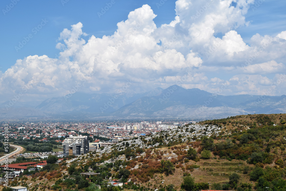 view of the surroundings of the city of Shkoder in Albania from a height