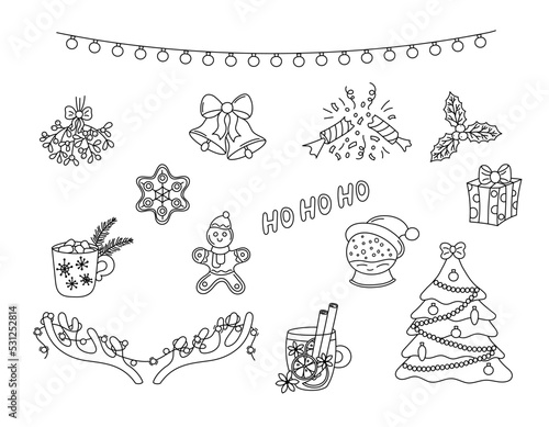 Christmas doodles vector set. Hand drawn black holiday elements isolated on white background. Christmas scribble outline objects tree, garland, jingle bells. Illustration