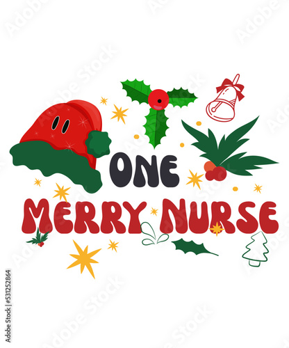 One Merry Nurse. Retro Christmas themed nurse t-shirt design vector for x mas party. Holiday Christmas Decor Graphics Print. Christmas Nurse Quote and sayings for groovy style outfits.    