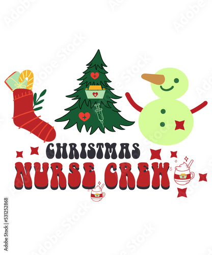 Christmas Nurse Crew. Retro Christmas themed nurse t-shirt design vector for x mas party. Holiday Christmas Decor Graphics Print. Christmas Nurse Quote and sayings for groovy style outfits.    