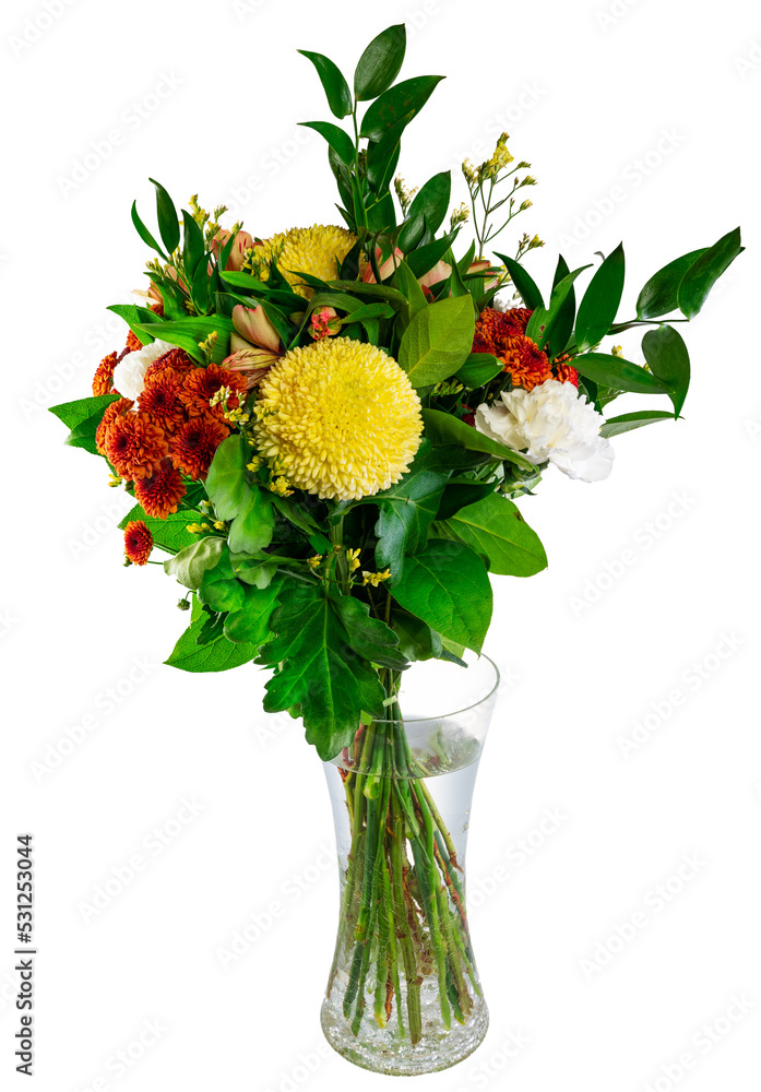Closeup of an isolated flower arrangement in a glass vase