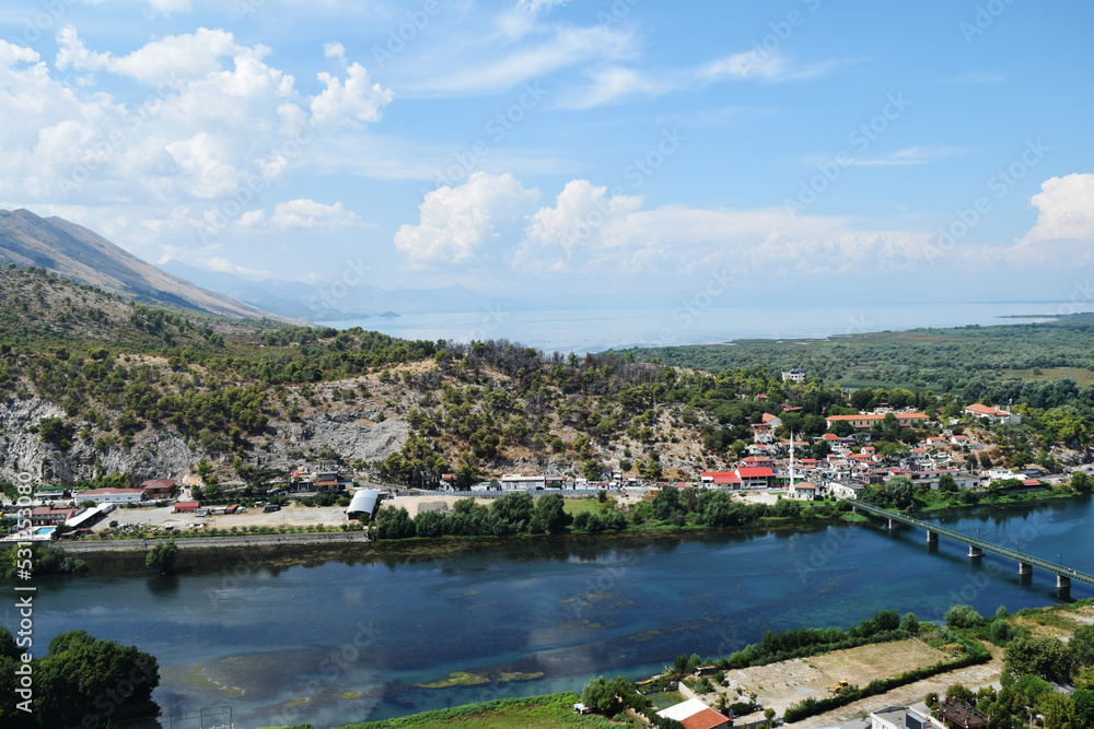 view of the surroundings of the city of Shkoder in Albania and the Buna River from the height of the Rosafa fortress