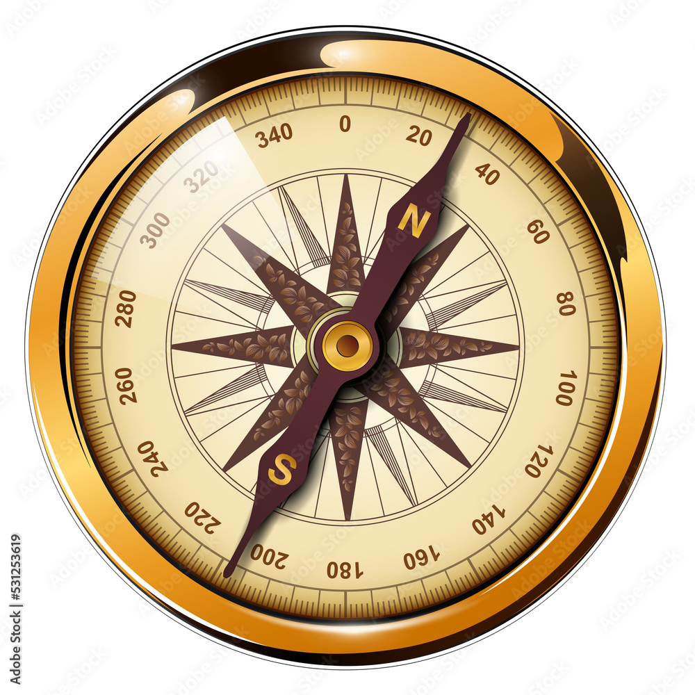 Compass with windrose isolated, retro 3d icon illustration.