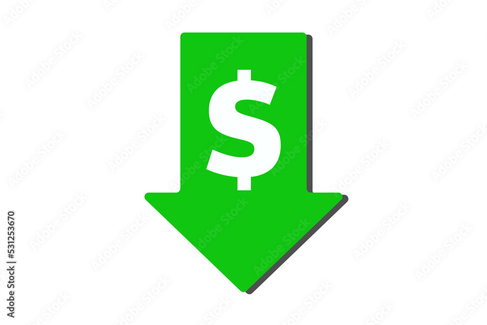 White Dollar rate decrease icon isolated on green background. Money symbol with down arrow. Business lost crisis decrease. Long shadow style. Cost reduction. transparent background. White Dollar rate decrease icon isolated on green background. Money symbol with down arrow. Business lost crisis decrease. Long shadow style. Cost reduction. transparent background.