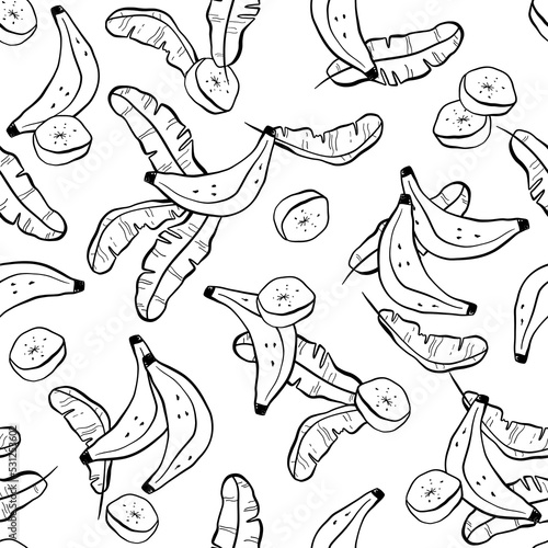 Tropical seamless pattern with outline bananas and leaves. Black and white color. Ideal for fabric, textile, prints, scrapbooking, wrapping paper, invitation and party decoration