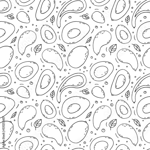 Seamless pattern with black outline avocado and leaves. Monochrome color. Ideal for coloring page, fabric, textile, prints, scrapbooking, wrapping paper, invitation and party decoration