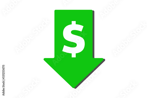 White Dollar rate decrease icon isolated on green background. Money symbol with down arrow. Business lost crisis decrease. Long shadow style. Cost reduction. transparent background.