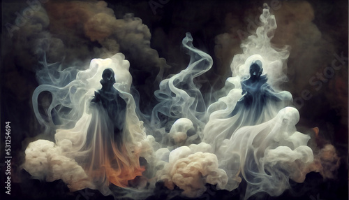 3d illustration of a scary figure, a skull emerging from smoke.