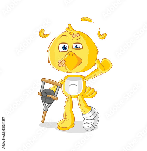 chick sick with limping stick. cartoon mascot vector