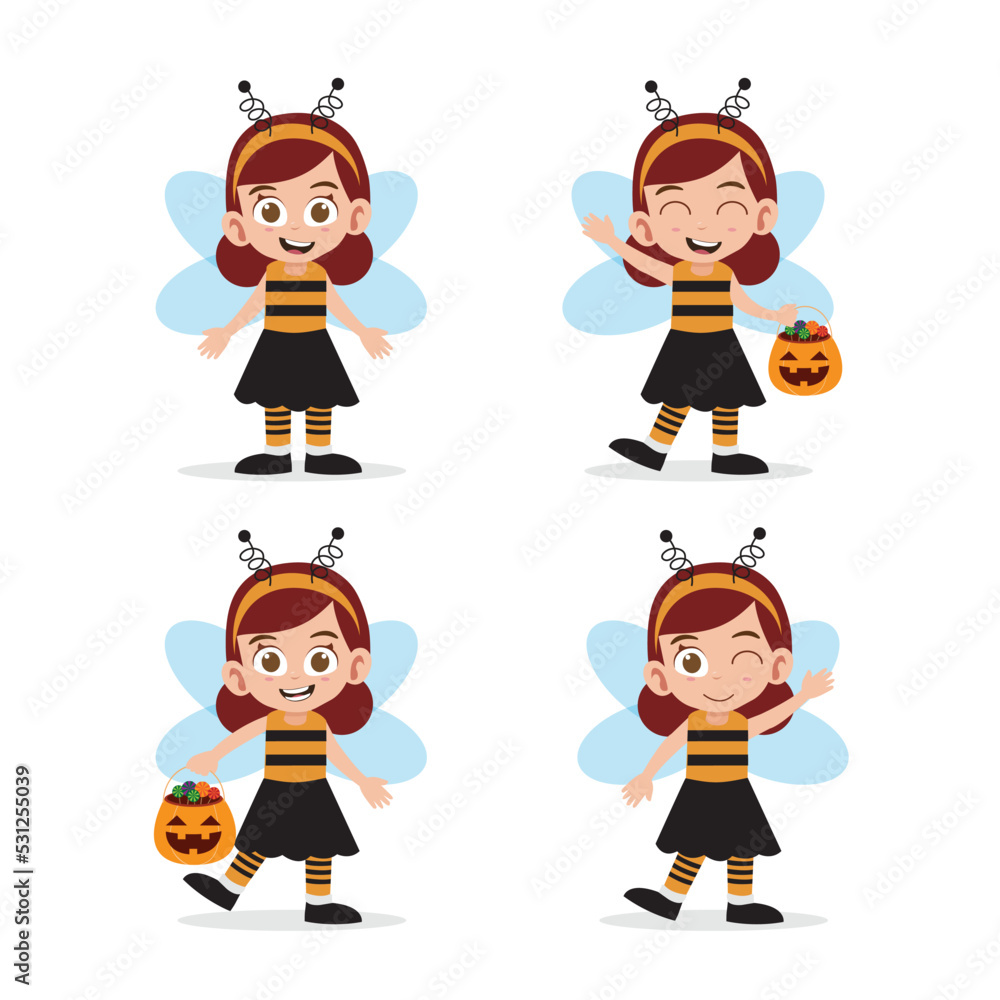Cute Girl Wearing Bee Costume for Halloween Vector Illustration