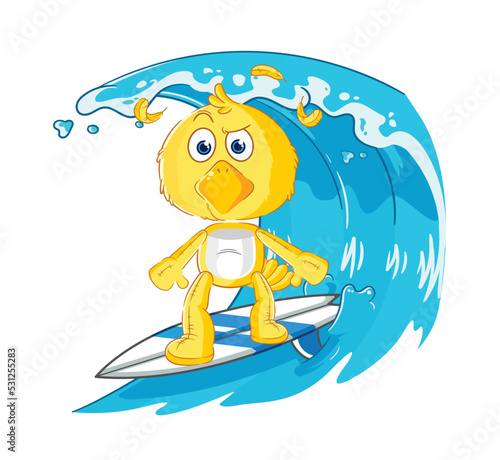 chick surfing character. cartoon mascot vector