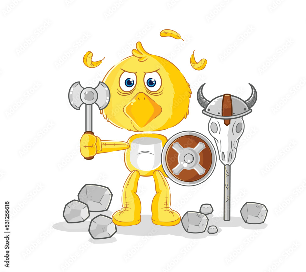 chick viking with an ax illustration. character vector