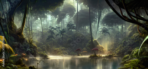 Modern Art Tropical Forest Banner Background Wallpaper Digital Illustration,Concept Art Illustration