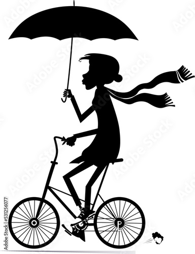 Rainy and windy day and woman rides a bike. Illustration. Young woman with an umbrella rides a bike under the strong wind and rain. Black on white background