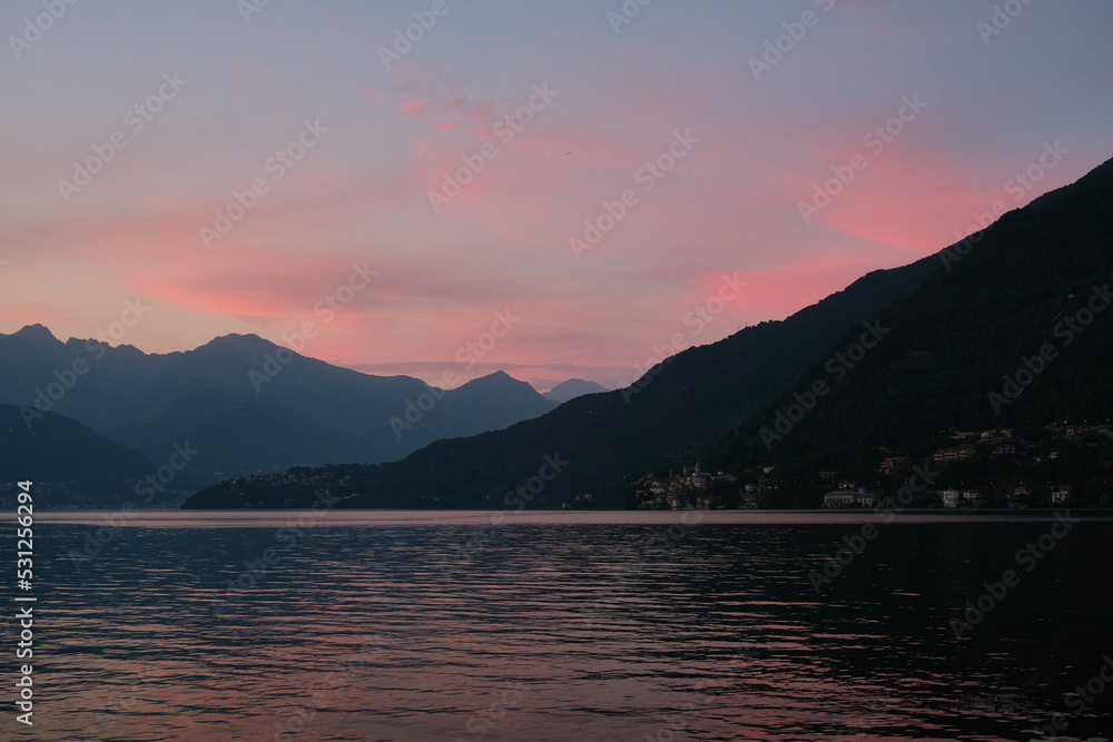 duck swims in sunset on the lake como, italy