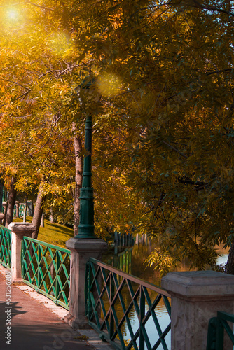 A pathway along the river in the autumn park