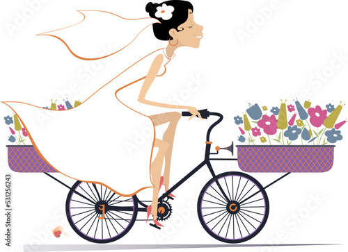 Young woman riding a bike and bouquets of flowers. Pretty bride in the white dress and wedding veil riding a bike with bouquets of flowers in the baskets. Isolated on white